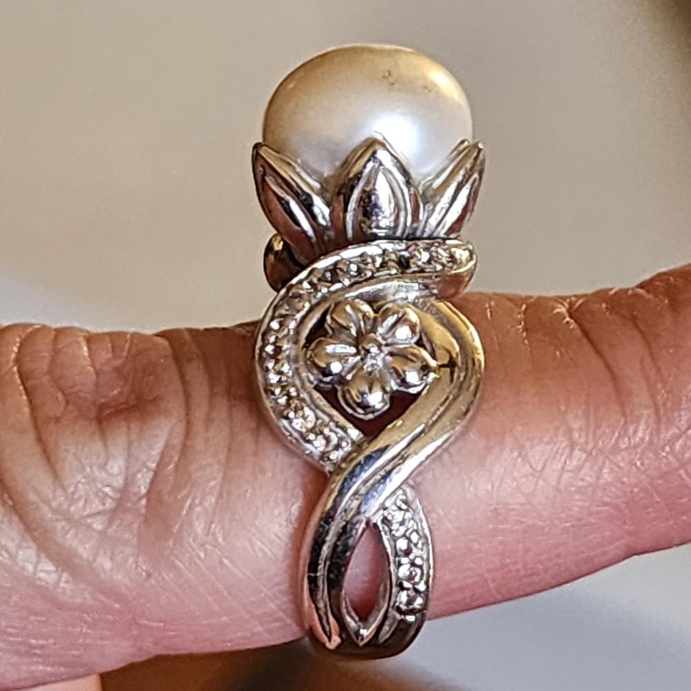 Ornate Sterling Silver Statement Chunky Pearl Floral Ring Size 6 Fine Jewelry